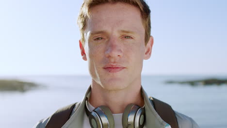 man, face and beach background for travel as