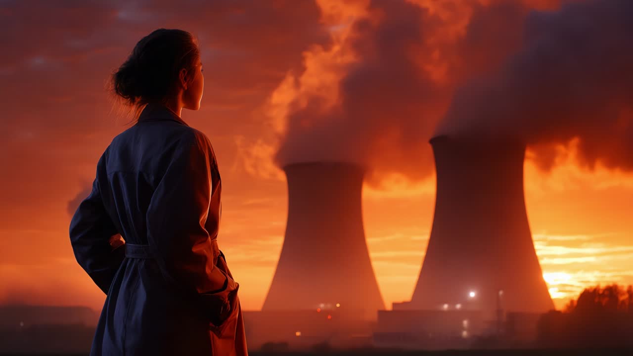 A Contemplative Evening: A Silhouette of a Woman Gazing at Smoking Cooling Towers Against a Stunning Sunset Sky, Evoking Thoughts on Energy Production and Environmental Impacts
