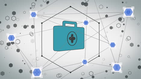 animación de la red de conexiones con íconos y kit médico sobre fondo blanco