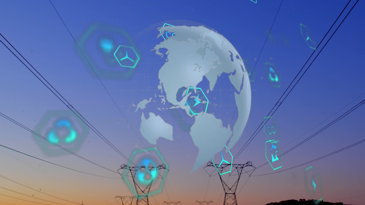 Animation of multiple digital icons over spinning globe against network towers and sunset sky