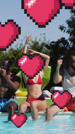 animación de los corazones sobre felices amigos diversos en la fiesta de la piscina