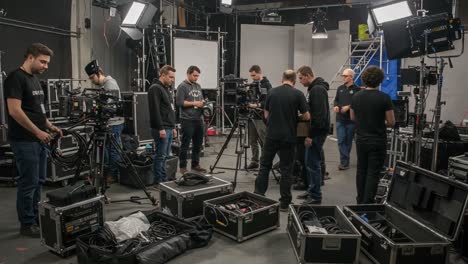 a behind-the-scenes look at a film crew preparing for production in a studio environment, showcasing equipment setup and team collaboration
