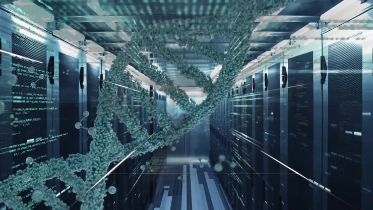 Animation of dna strand spinning over data processing