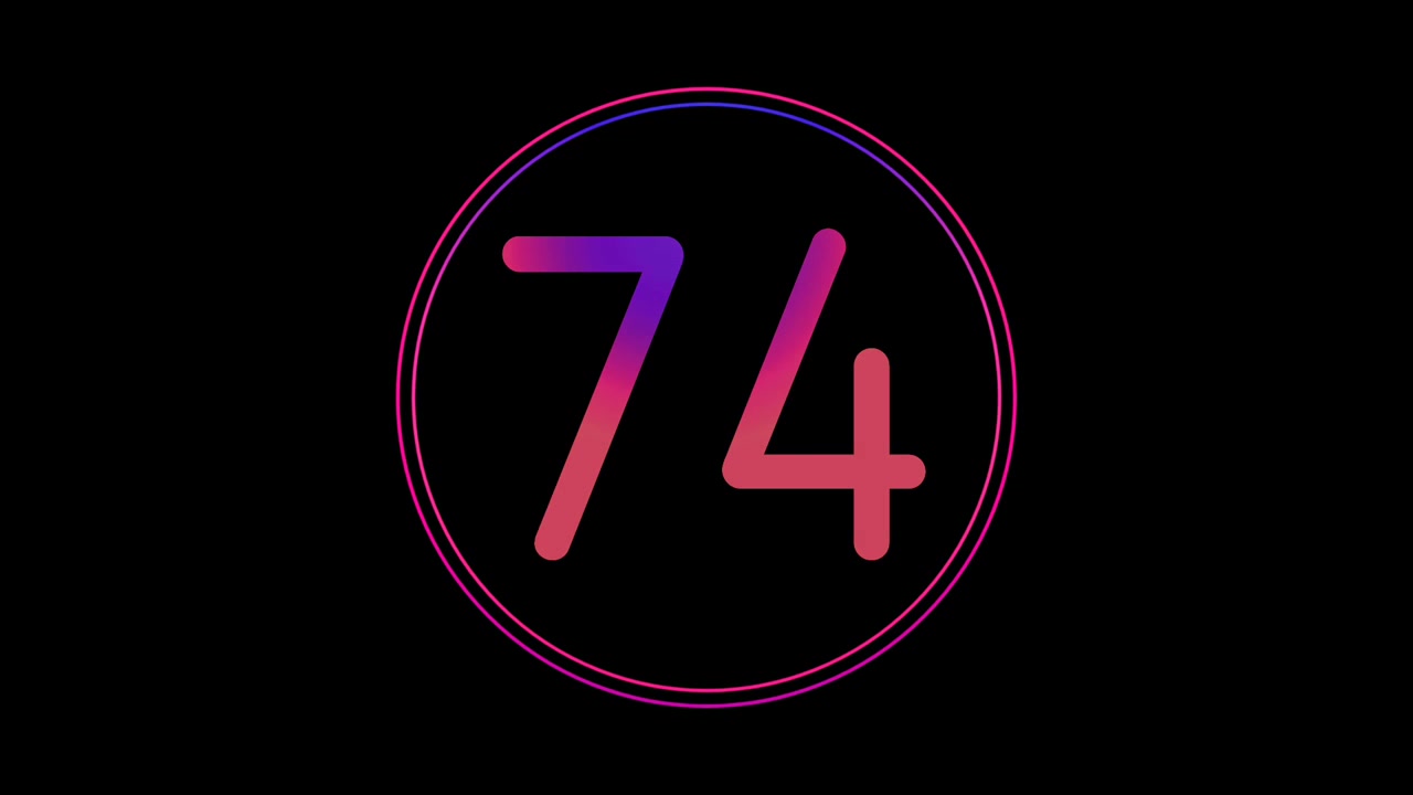 Neon Number 74 Animation Glowing flicking Gradient Blue Pink Digital Futuristic LED Numeric Loop Abstract Tech in Circle Light Motion Graphics Modern Minimal black background