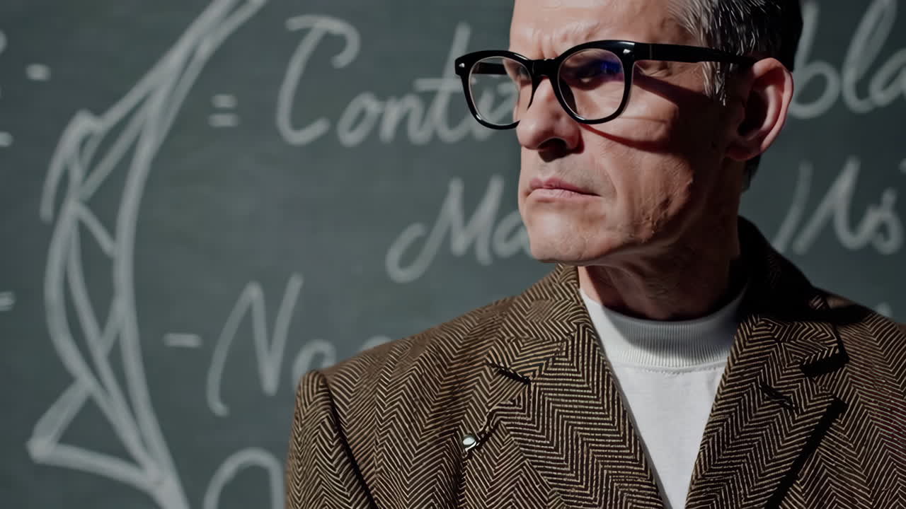 Professor Looking at Equations on a Chalkboard