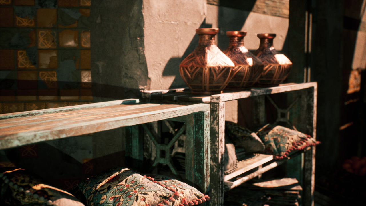 Decorative pottery displayed on a rustic wooden shelf in a vibrant setting