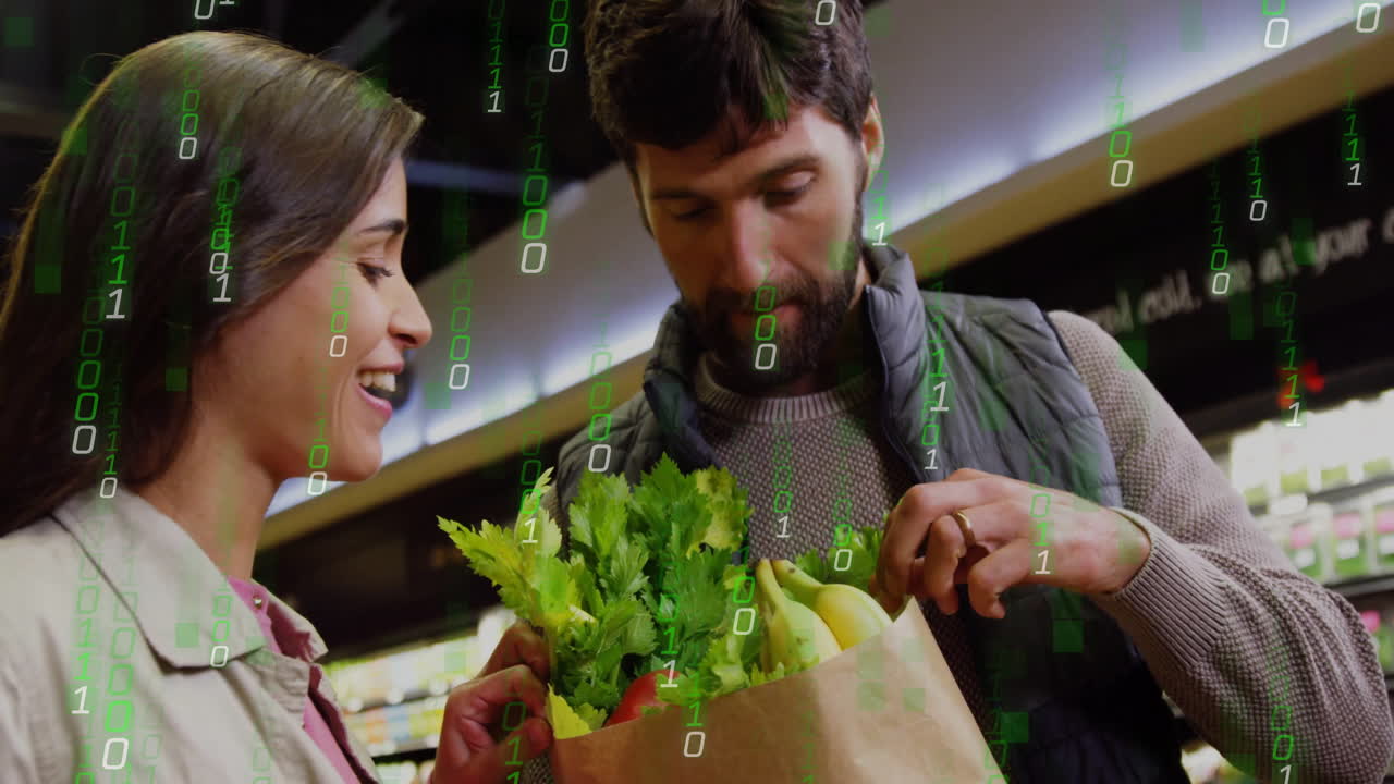 Shopping for groceries, couple with digital data animation overlay in store