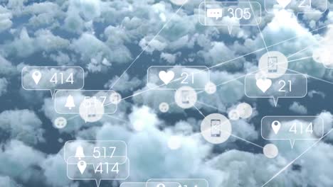 animation of media icons and network of connections over clouds