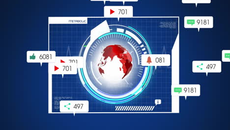 animación de iconos y procesamiento de datos con globo sobre pantalla