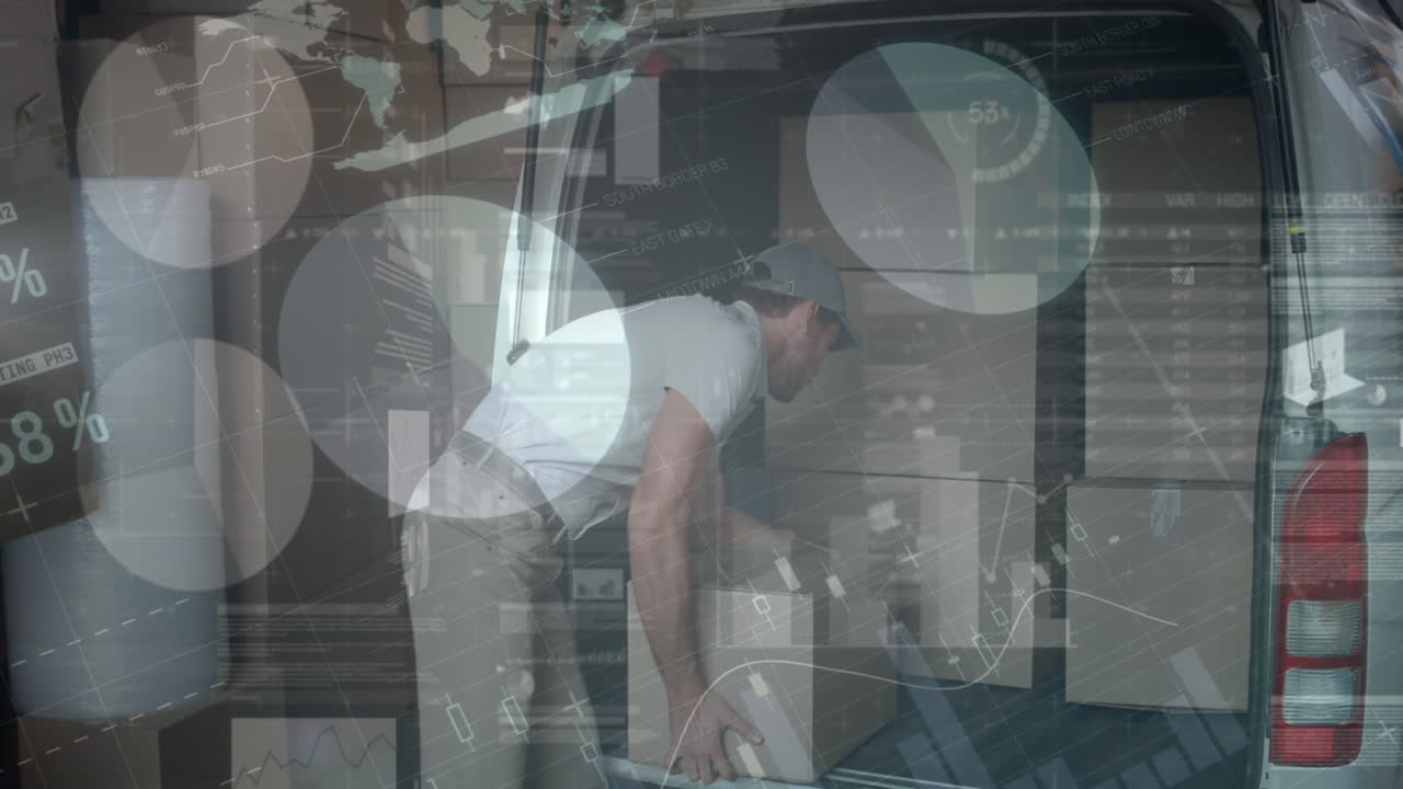 통계 및 금융 데이터 처리의 애니메이션 배달 남자와 밴