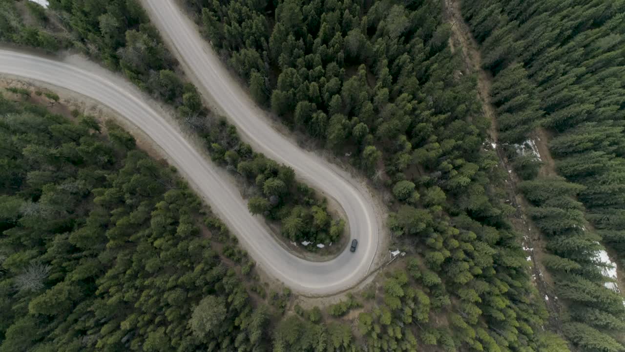 A car drives a hairpin turn in a forest in Canada's Rocky Mountains - Aerial footage