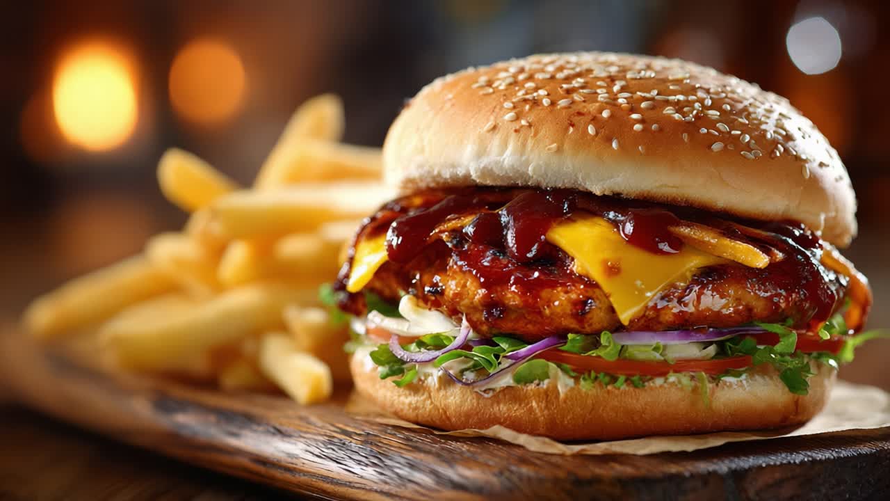 Saftiger Barbecue-Hähnchenburger mit geschmolzenem Käse, frischem Gemüse und knusprigen Pommes – ein perfektes Essen für alle Feinschmecker
