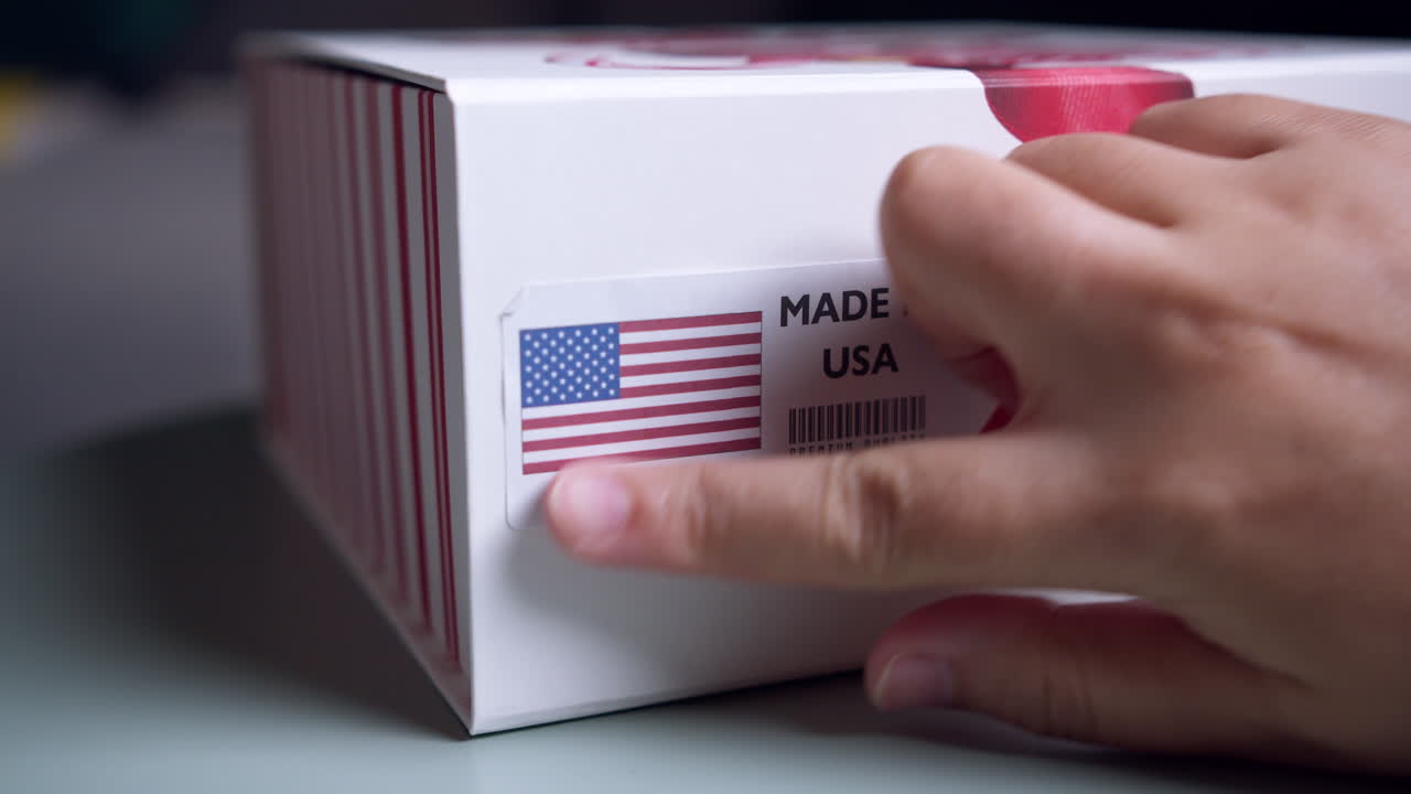 Hands applying MADE IN USA flag label on a shipping cardboard box with products