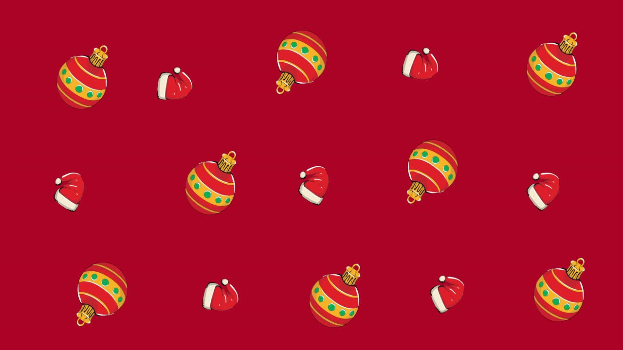 múltiples bolas de navidad y sombreros de santa moviéndose contra un fondo rojo