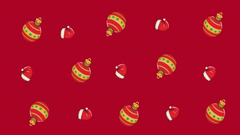 Multiple-Christmas-baubles-and-Santa-hats-moving-against-red-background