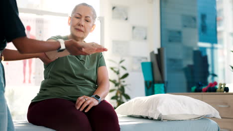 woman, physical therapy and check arm in clinic