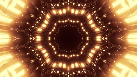 Gelbe-Lichter-In-Achteckigen-Formen,-Die-Einen-Lichttunnel-Bilden-Und-Durch-Ihn-Gehen,-Was-Einen-Dreidimensionalen-Effekt-Ergibt