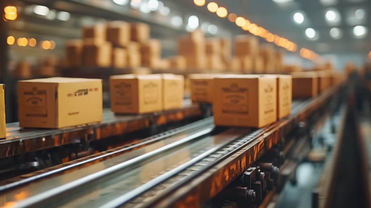 cajas en una cinta transportadora en un almacén