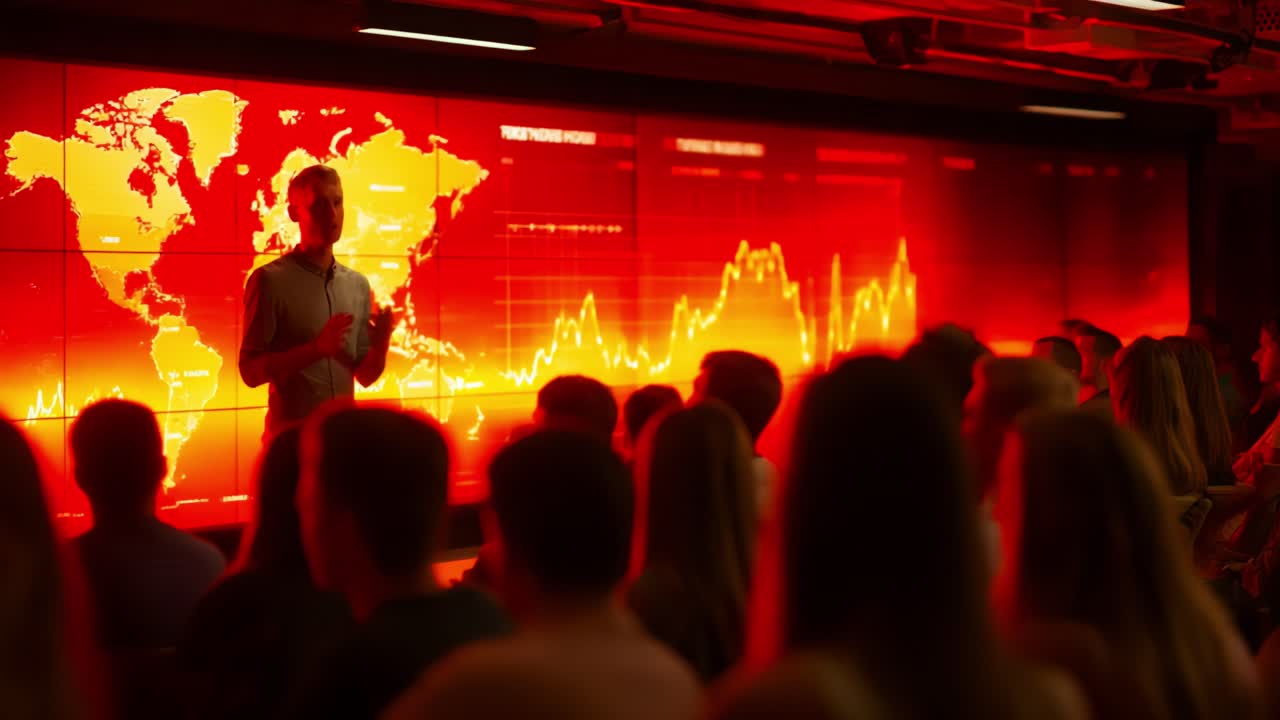Dynamic Presentation on Global Market Trends: Engaging Audience with Data Visualization and Insights Amidst a Vibrant Red and Orange Graphical Background
