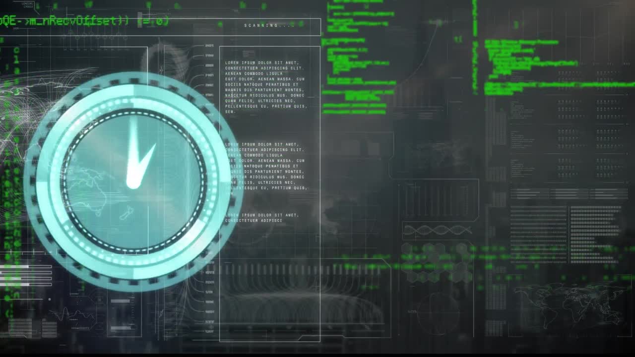Animation of neon ticking clock over interface with data processing against grey background