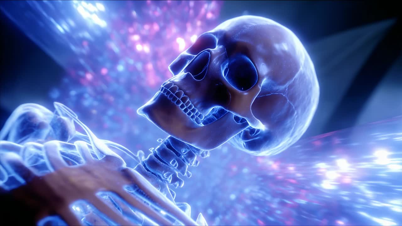 An Intricate Visualization of a Human Skeleton Bathed in Ethereal Light, Showcasing the Bone Structure and Captivating Details That Highlight Its Anatomical Features Against a Dreamlike Background