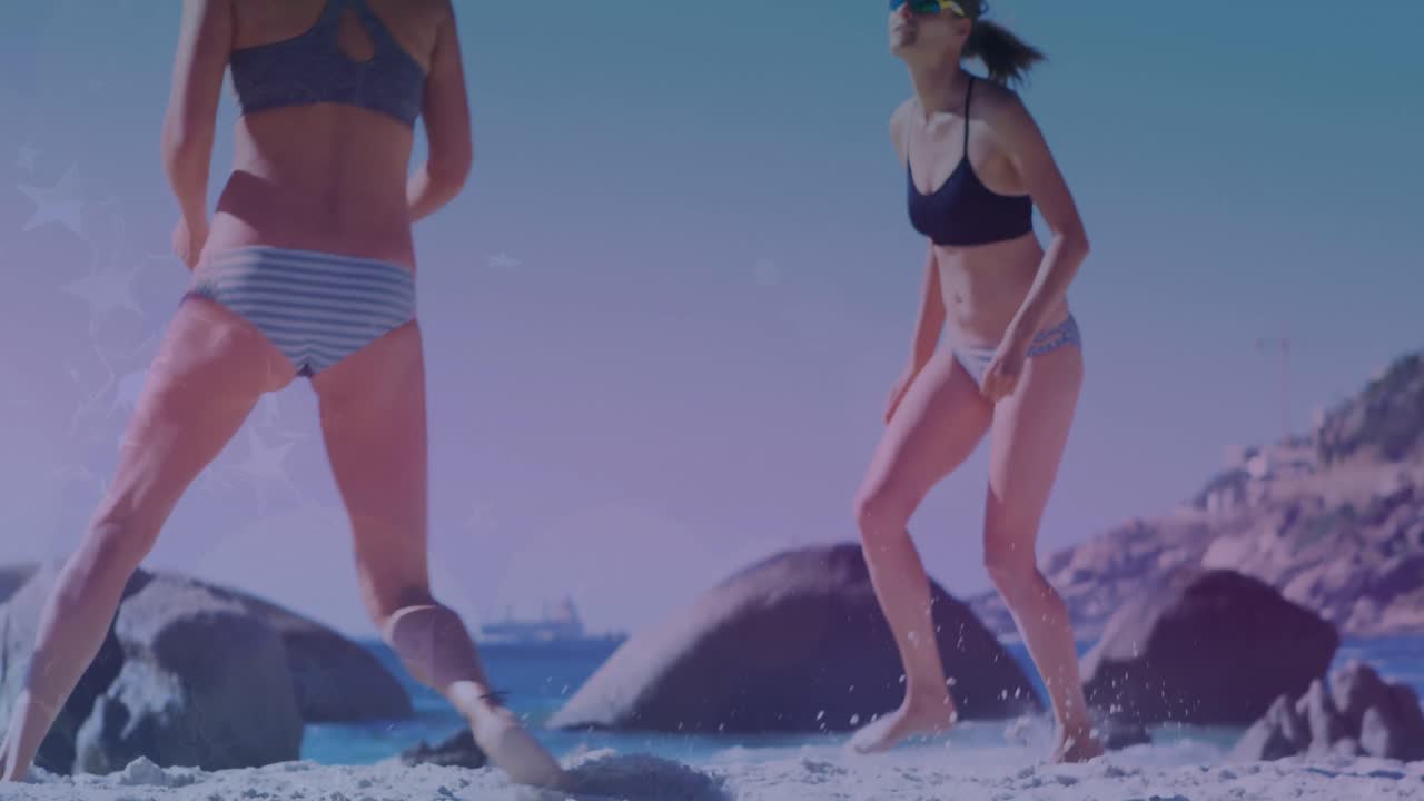 해변에서 다양한 친구 그룹을 가로질러 움직이는 빛과 별의 애니메이션