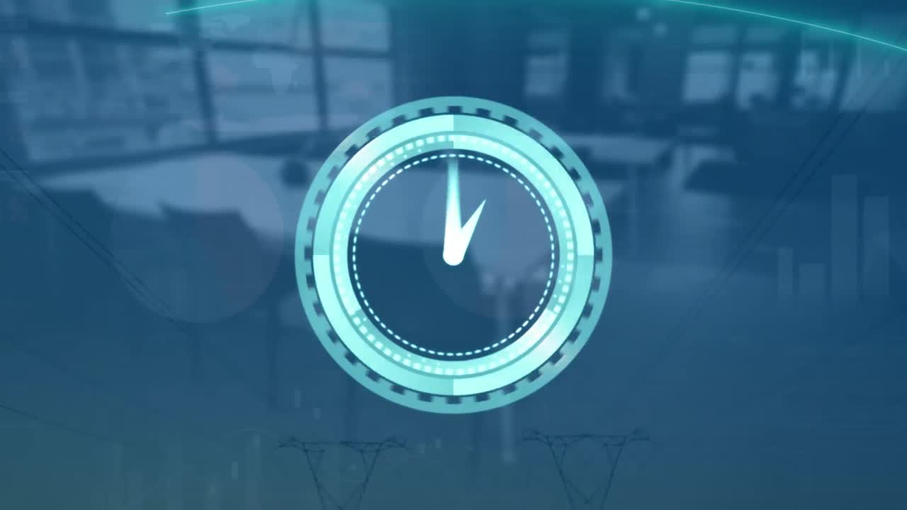 animación de reloj móvil y procesamiento de datos financieros en una oficina vacía