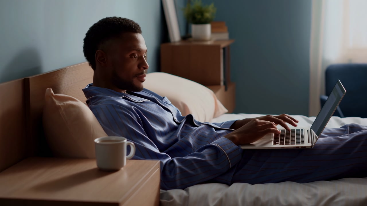 Black Man On Bed Typing Laptop, Latenight Remote Worker In Pajamas Checking Messages And Meeting Notes, Dim