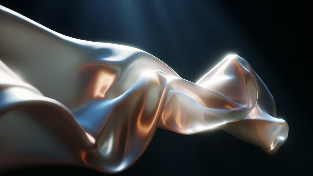 Aerial View of Flowing Silk Fabric Illuminated by Soft Light Dramatically Highlighting its Texture and Movement, Creating a Sense of Elegance and Serenity in a Dark Environment