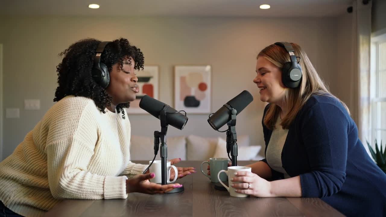 Vært til venstre læner sig ind mod mikrofoner og taler, mens vært til højre lytter og griner til en podcast.
