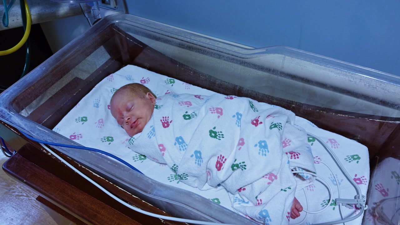 Neonato prematuro che dorme in una culla della TIN, fasciato in una coperta con motivo a impronte di mani e con tubo dell'ossigeno blu visibile