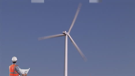 animación de la turbina eólica girando y un ingeniero leyendo planes y flechas blancas apuntando hacia arriba