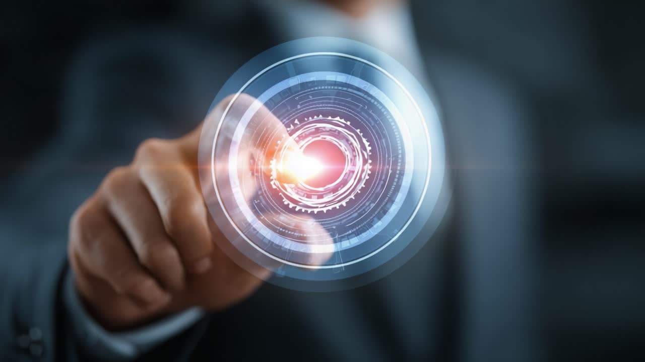 Un professionista in abito interagisce con un'interfaccia digitale all'avanguardia, toccando con un dito uno schermo ad alta tecnologia, a simboleggiare l'interazione con la tecnologia avanzata.