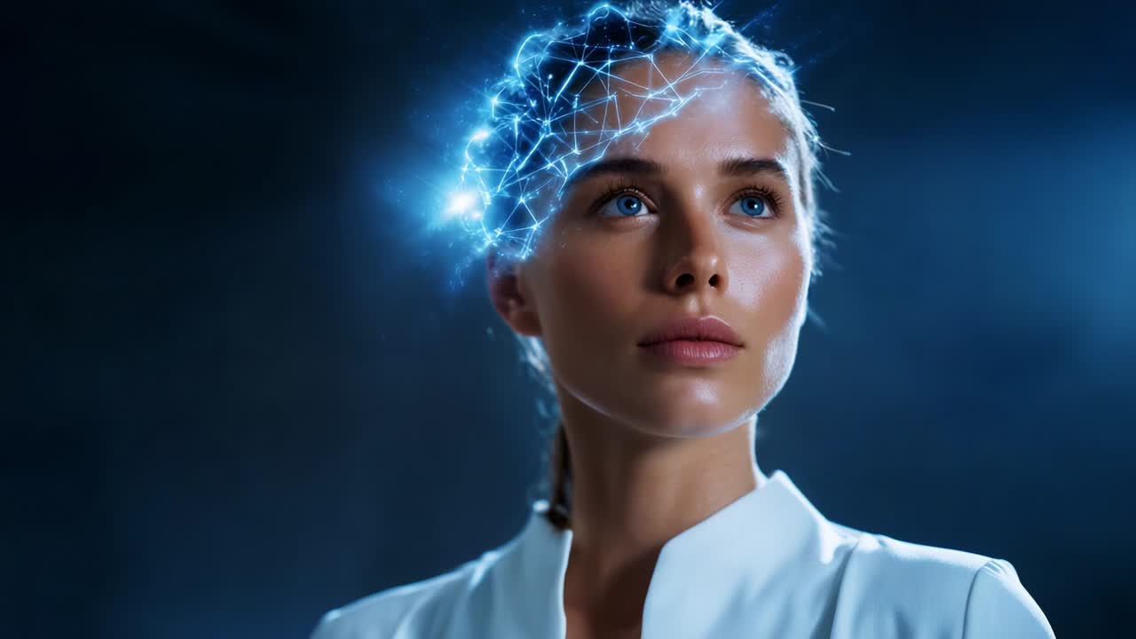 A Captivating Journey into the Future of Human Potential: A Striking Visualization of an Innovative Concept Featuring a Young Woman with Radiant Energy and Technological Inspiration Manifesting from Her Mind
