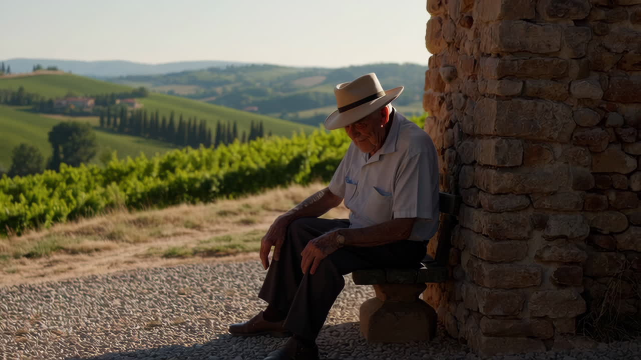 Elderly Man Sitting in Tuscany Vineyards