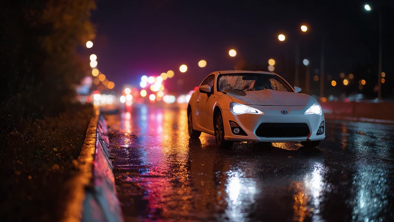 Elegante auto sportiva bianca su strada notturna e piovosa: cattura i riflessi e le luci in uno scenario urbano drammatico, esaltando potenza ed eleganza in condizioni di bagnato.