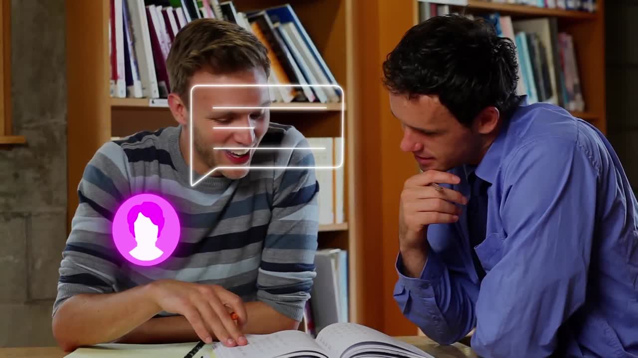 animación del perfil y el icono del mensaje sobre el profesor caucásico que enseña a un niño en la universidad.