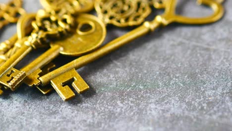 many old keys on table close up