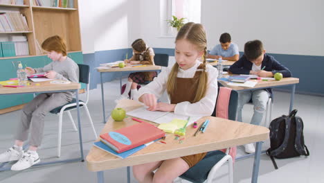 Grupo-Multiétnico-De-Niños-En-El-Aula-Escribiendo-En-Su-Cuaderno-Y-Sonriendo-Durante-La-Clase-De-Inglés-En-La-Escuela-2