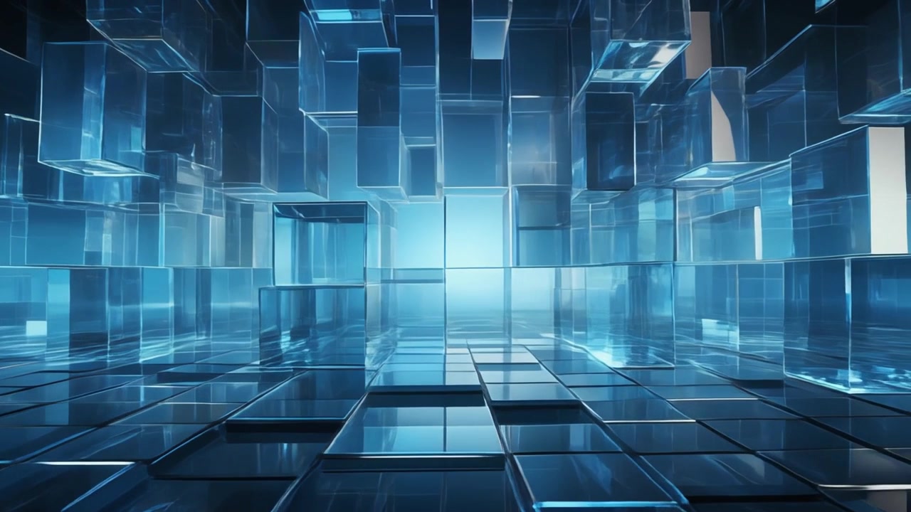 Abstract Background of Floating Blue Glass Cubes in Digital Space