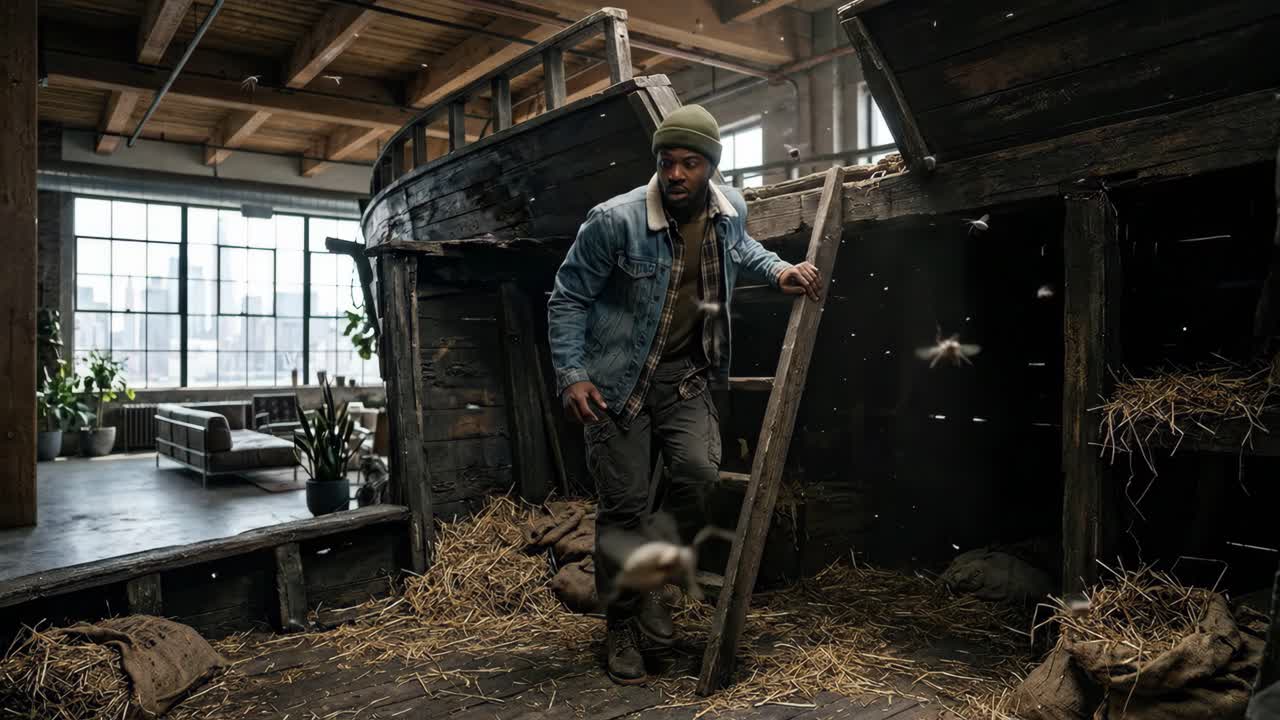 Man Standing on Ladder in Rustic Barn Structure Inside Modern Loft