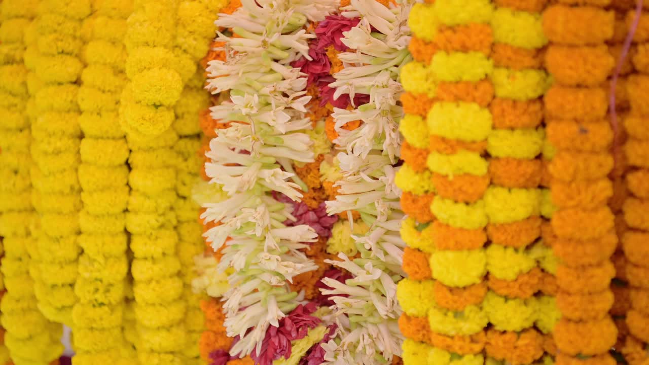 Hindu Prayer Offerings of Orange Flowers, Yellow Flowers Close Up as a Symbol of Praying at a Religious Ceremony for Hinduism, Hindu Religion Prayer at a Hindu Religious Temple in Kathmandu in Nepal