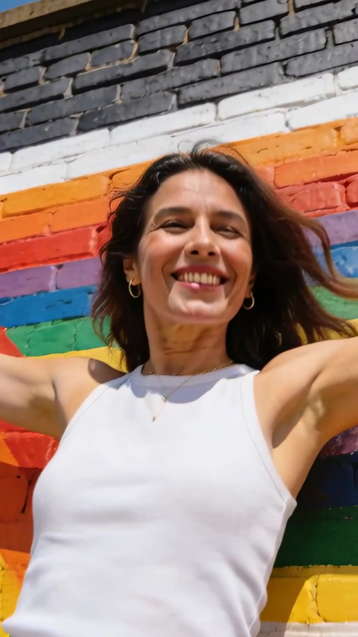 Video verticale: Telecamera in movimento, donna in canotta bianca che alza le braccia, si gira davanti a un murale arcobaleno, in posa.