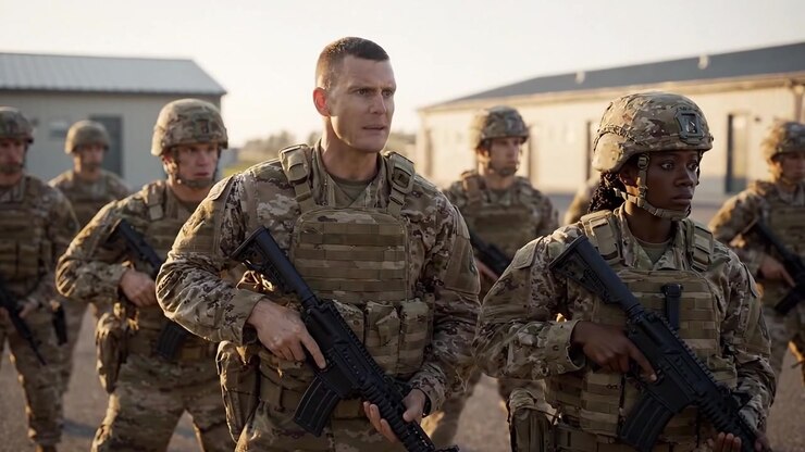 Un Gruppo di Soldati in Uniforme Militare È Pronto all'Azione, Dimostrando Lavoro di Squadra e Disciplina nella Loro Formazione Mentre si Preparano per le Prossime Esercitazioni di Addestramento