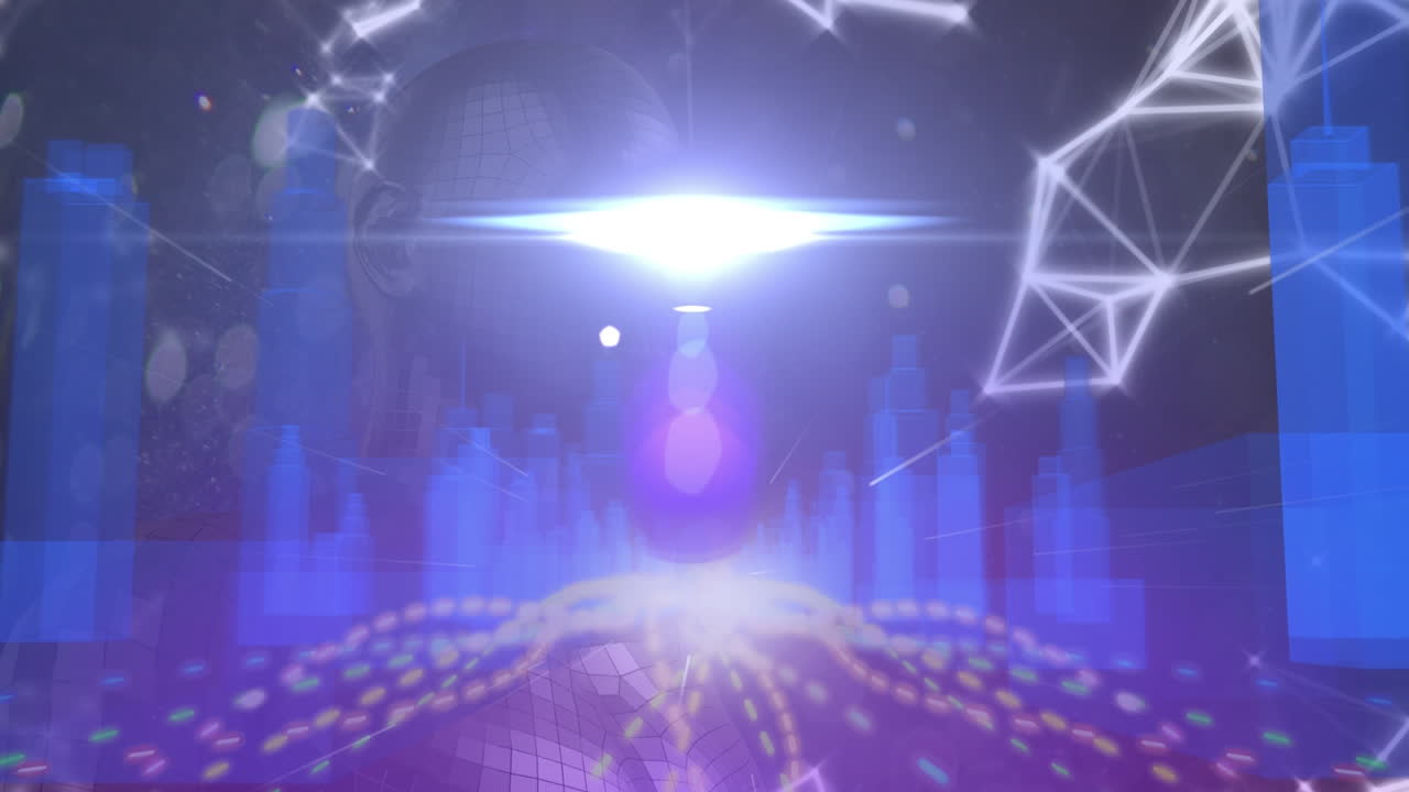 디지털 도시와 인간의 머리 위에 있는 빛의 흔적의 애니메이션