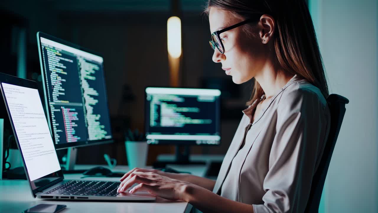 Side angle shot of a focused woman coding on a laptop in a dimly lit office, with multiple screens