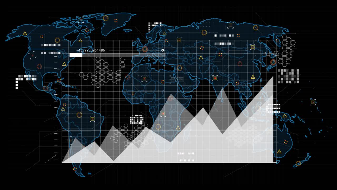 Animation of financial data processing over world map