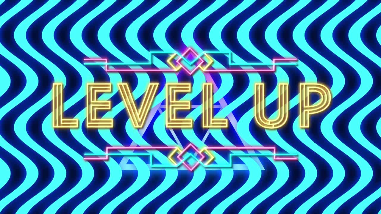 Animation of level up text yellow neon over blue and black curved stripes