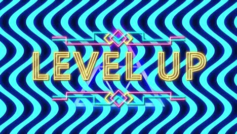 animation of level up text yellow neon over blue and black curved stripes