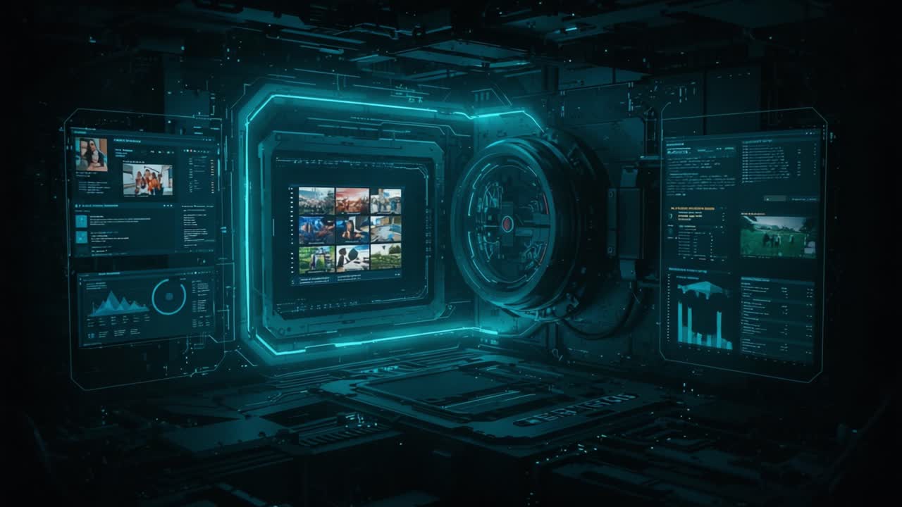 Futuristic Data Hub with Interactive Displays and Analyzing Panels Showcasing Various Media Content in a High-Tech Digital Environment